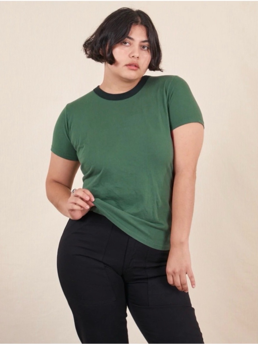 Big Bud Press Tee, color Green, with contrast collar, Size XS.